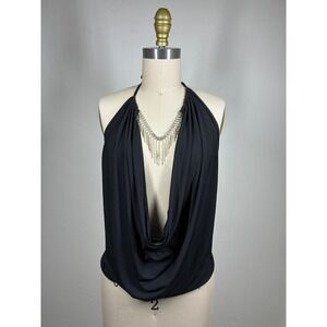Vintage 90s Y2K Black Halter Cowl Neck Rhinestone Fringe Top Medium Plunging